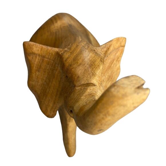 Vintage Wood Elephant Hand Carved Trunk Up Artisan Made Primitive Art 6 x 3" - Picture 4 of 9